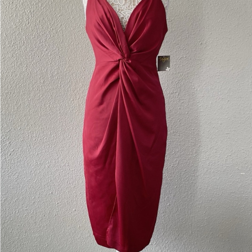 Taylor Burgundy Ruched Wrap Midi Dress